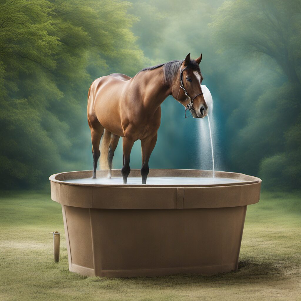 Pferd in einem Wasserschlauchbad mit verschiedenen Wassertrensen im Hintergrund, ideal für den Pferdesport
