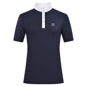 Navyblaues Turnier-Shirt mit Stehkragen, Polo-Knopfleiste und Strass-Logo für Damen - Reitsportartikel