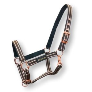 Elegantes Halfter für Pferde mit Glitzer in Rosegold, schwarz und pink. 2-Fach verstellbar. Perfekt für Reiter, die ihrem Pferd einen dezenten, aber besonderen Glanz verleihen möchten.