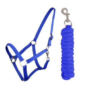 JA4001 Halfter Führstrick Set mit Karabinerhaken verstellbar für Pferde, Royalblau, Pony