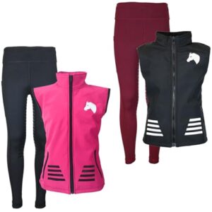 Kinder Reitset, Softshell Reitweste in Schwarz mit Silikon-Vollbesatz und sportlichen Leggings in Maroon für Mädchen und Jungen