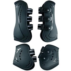 Gamaschen & Streichkappen für Pferde, Reiten und Springen, 4er Set mit Robust Elastisch, PU Shell und Neopren atmungsaktiven Löchern, Schwarz