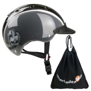 Kinder Reithelm mit Schutzbeutel für Mädchen und Jungen, Helm zum Reiten, Fahrrad und Skifahren in Schwarz/Grau, Größe S (52-56 cm)