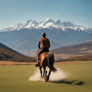 Reiter in Country-Stiefeln vor einer Landschaft mit Pferden, bequem und wasserdicht für jede Reitaktivität