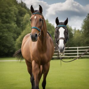 Pferde mit D-Gebissen reiten auf einer Wiese oder einem Reitplatz, im Hintergrund Sonnenuntergang oder ruhige Szene