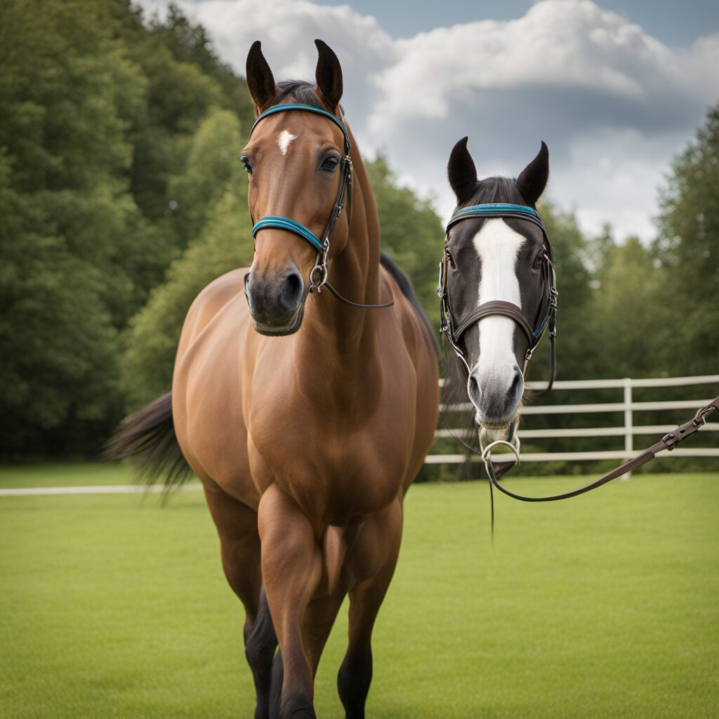 Pferde mit D-Gebissen reiten auf einer Wiese oder einem Reitplatz, im Hintergrund Sonnenuntergang oder ruhige Szene