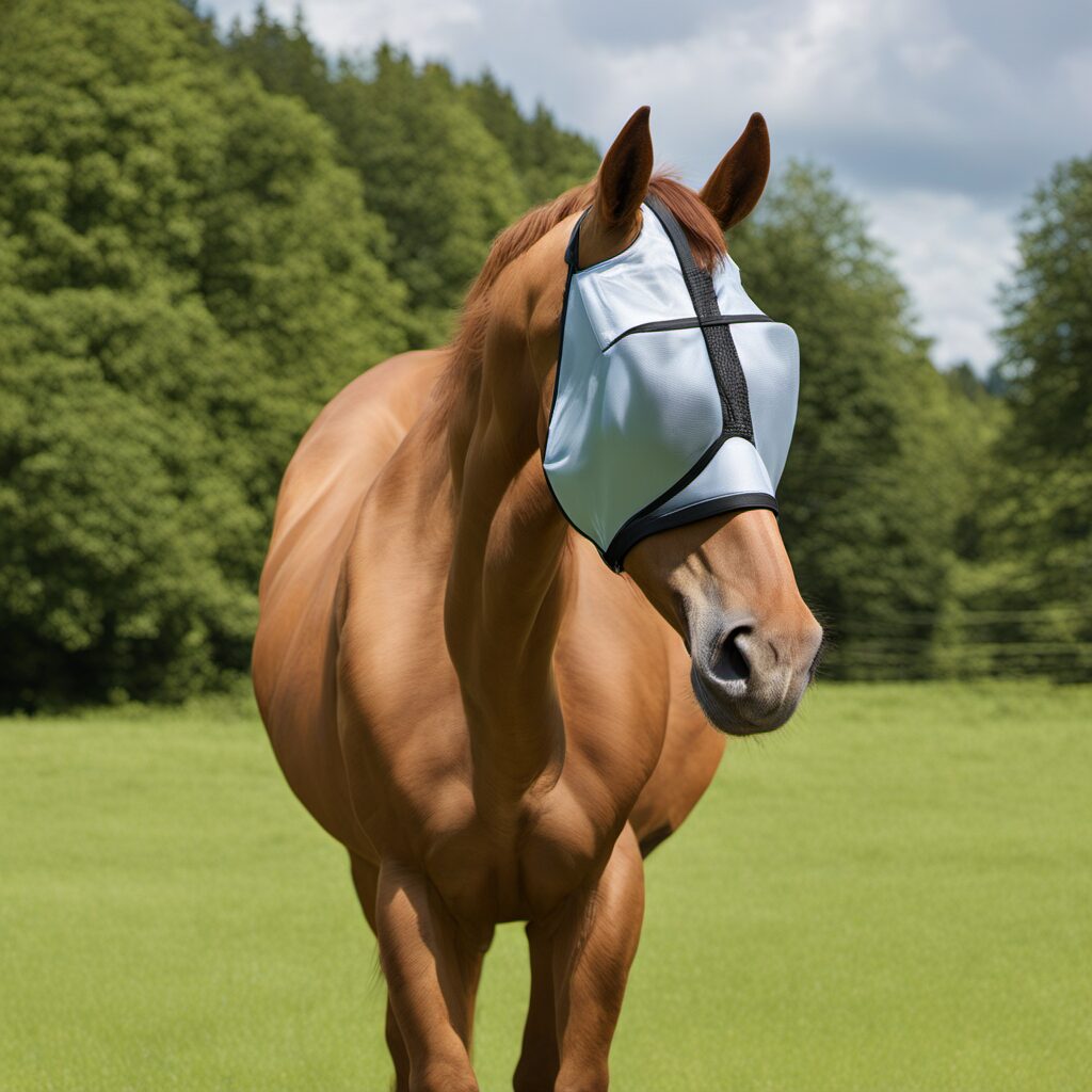 Bild von zwei verschiedenen Fliegenmasken und einem Pferdeschmuck mit Insektenschutz in verschiedenen Farben und Mustern, im Hintergrund ein Reiter auf einem Pony unter freiem Himmel.