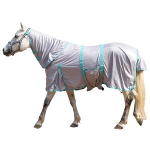 Gallopoff Fliegendecke für Pferde mit Halsteil, atmungsaktive Sommerdecke mit UV-Schutz und Scheuerschutz in Grau 150 cm
