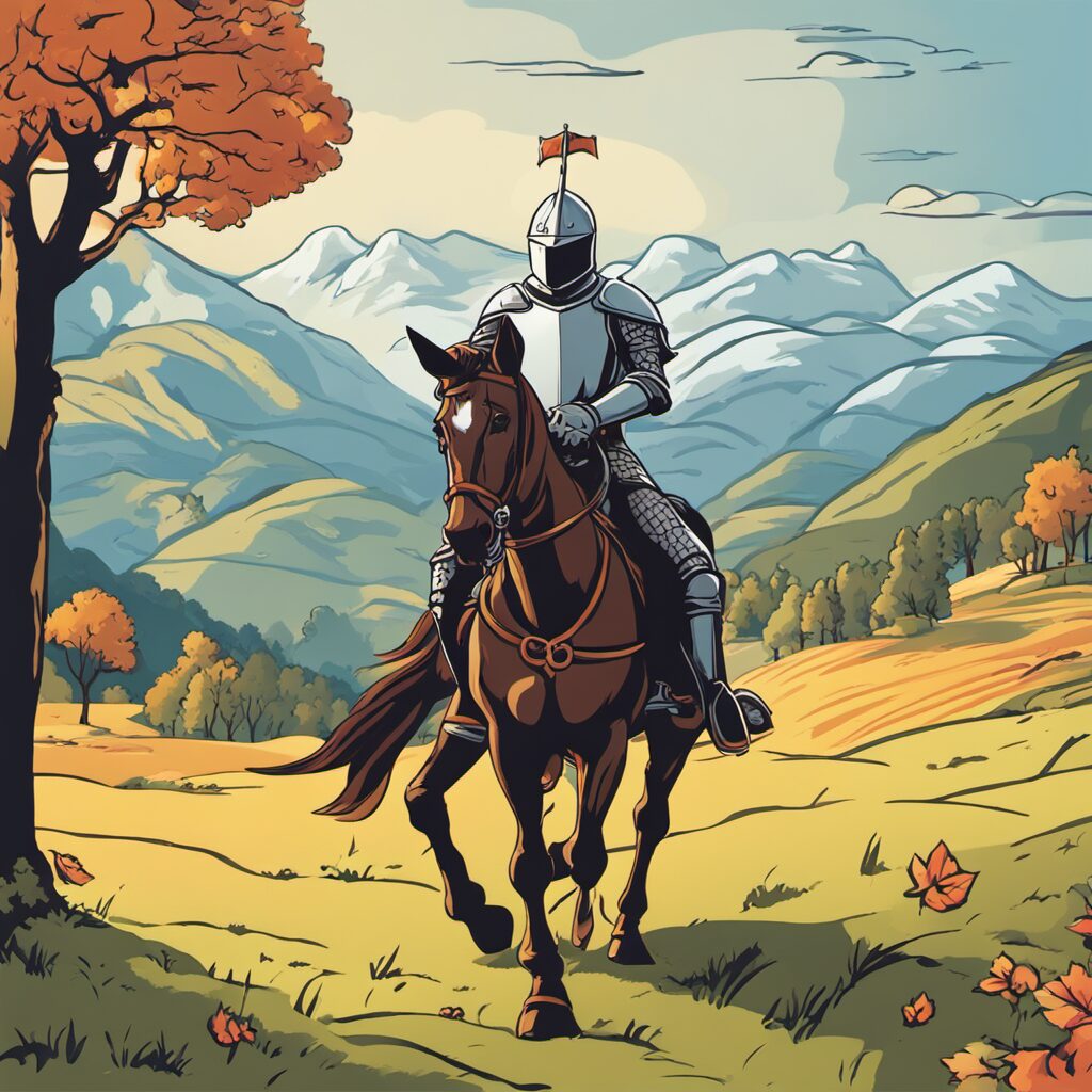 Reiter auf einem weißen Pferd vor einer freundlichen Landschaft mit einem Helm, idealer Geschenkidee für jeden Anlass