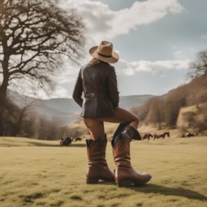 Reiter in einer idyllischen Landschaft mit Pferd und verschiedenen Schuhtypen wie Jodhpur-Stiefeln, Reitstiefeln mit Schnallenverschluss und Chelsea Boots