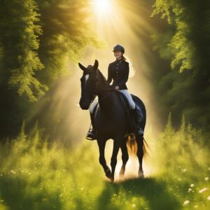 Ein atemberaubendes Bild einer jungen Reiterin auf einem schwarzen Pferd durch einen wunderschönen Wald zu reiten, während sie sich über die Freude und Leidenschaft für das Reiten freut.