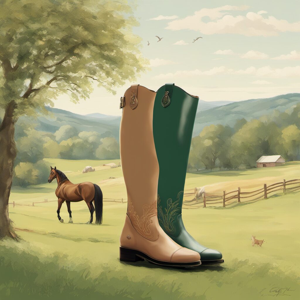Lange Reitstiefel mit runder Spitze und Stickerei, perfekt für die Reitsessionen. Pferdehof oder grüne Wiese im Hintergrund.