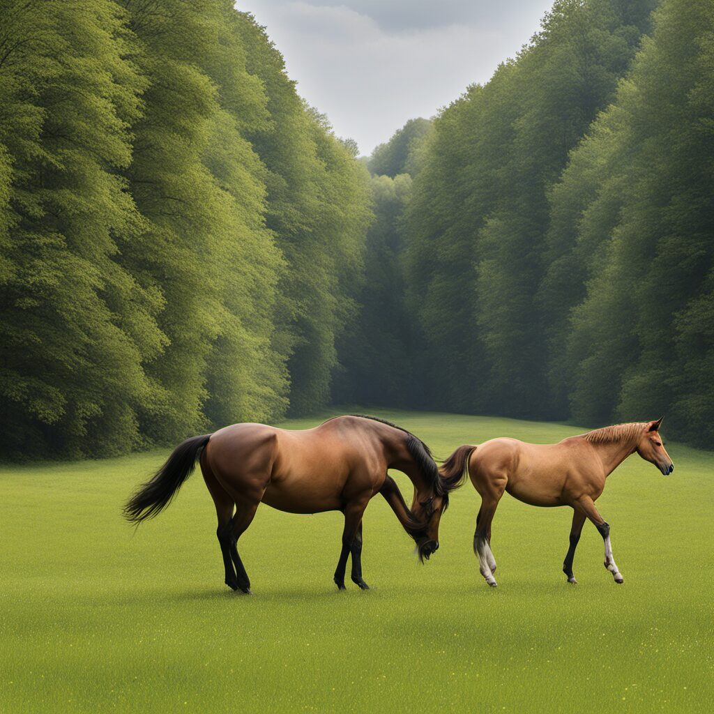 Pferd mit Deichselabdeckung oder Deckenanhänger auf einer Wiese. Ideal als Geschenk für Reitsportfreunde.