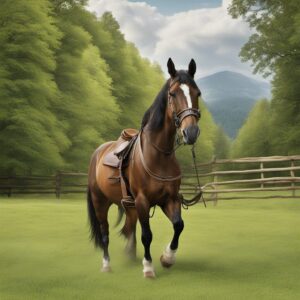 Ein atemberaubendes Bild von einem Pferd mit Sicherheitsgurten, Longierleinen und Sattelhaltern. Der perfekte Anblick zum Thema Pferdesport und Sicherheit.