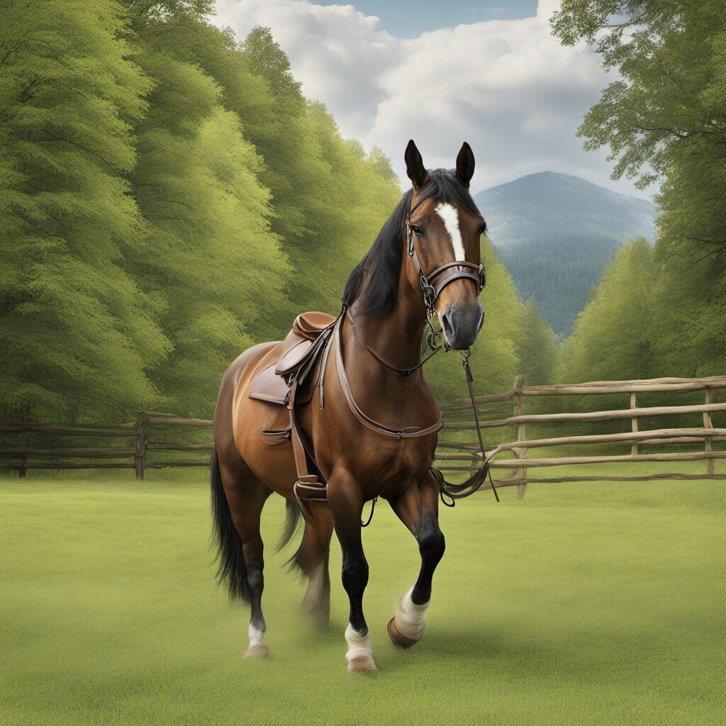 Ein atemberaubendes Bild von einem Pferd mit Sicherheitsgurten, Longierleinen und Sattelhaltern. Der perfekte Anblick zum Thema Pferdesport und Sicherheit.