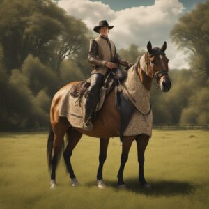 Ein Reiter auf einem Pferd mit Satteldecken und -Pads in der Weide, perfekt für die Reit-Community