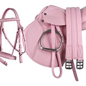 Pony Sattel-Set für Kinder, komplettes Set inkl. Sattelgurt, Steigbügelriemen und Steigbügeln, rosa