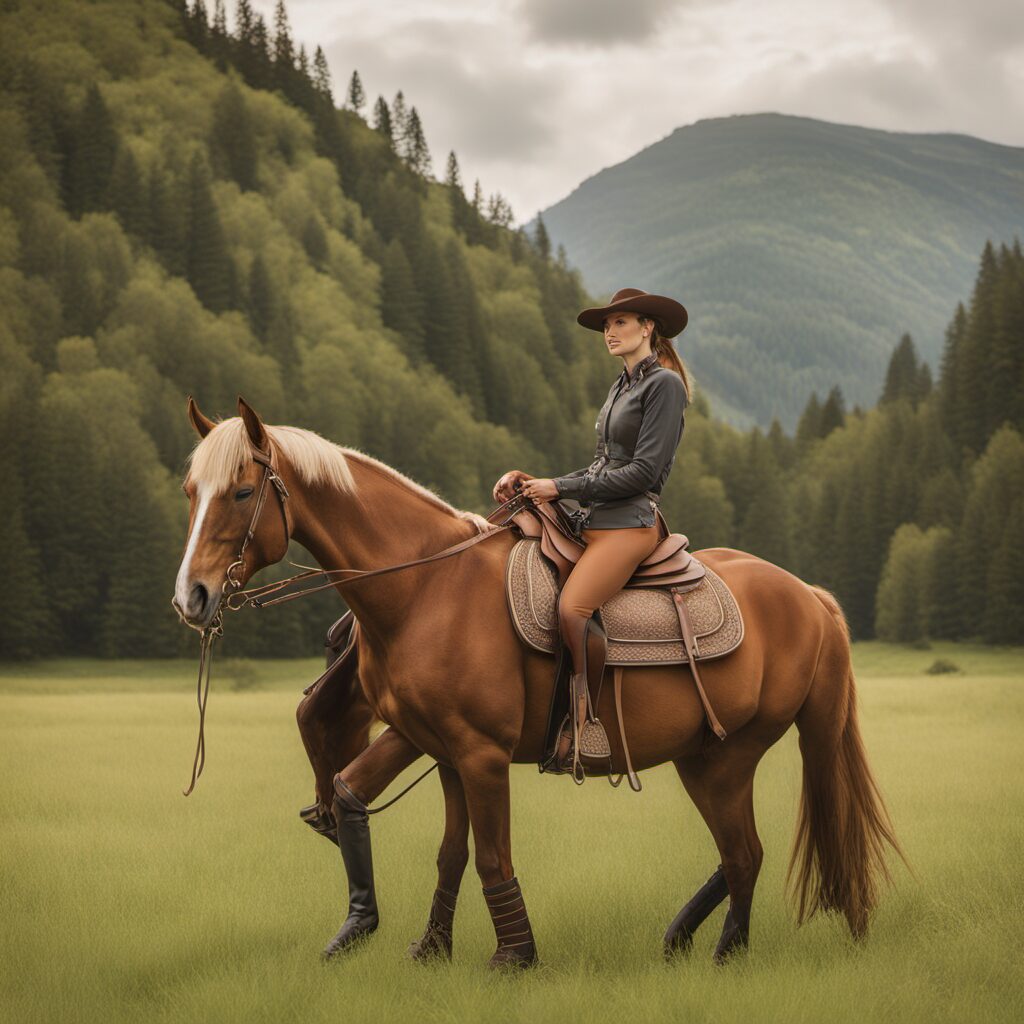 Ein Bild von einem Reiter mit Pferd auf einer grünen Weide, beide im Sattel sitzen. Der Reiter trägt einen Gurten um den Bauch des Pferdes geschlungen.