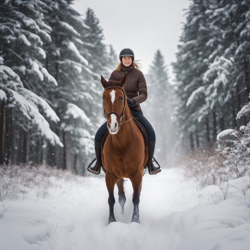 Reiter im Winter mit Reitstiefeln durch einen Schneebedeckten Wald reitet, perfekte Geschenkidee zum Reitsport