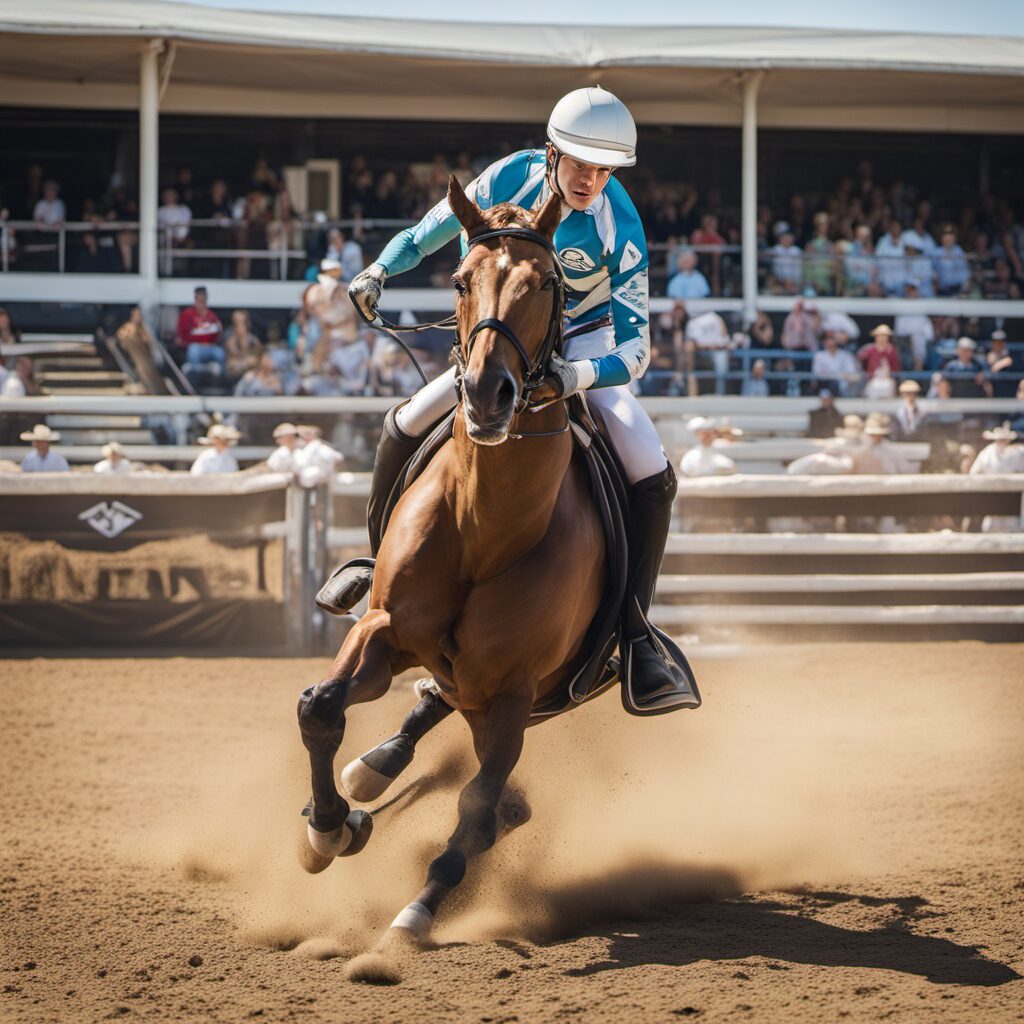 Reiter mit Turnierbluse auf einem Reitplatz oder in einer Reitscheune
