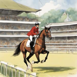 Ein Titelbild mit einem Reiter oder einer Reiterin im Vordergrund auf einem Pferd, Turniergelände im Hintergrund, lebendige freundliche Farben und ein Produkt wie PIKEUR ISALINNE Kinder-Reitschutz oder Imperial Riding IRH Basic im Vordergrund.