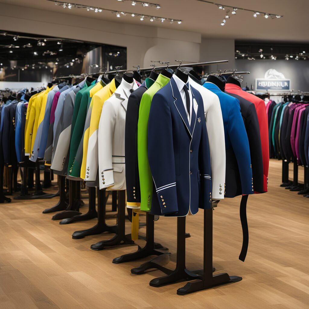 Ein Bild von Turnierjackets mit verschiedenen Farben und Größen auf einer Reitanlage, passend als Geschenkidee für einen Reiter.