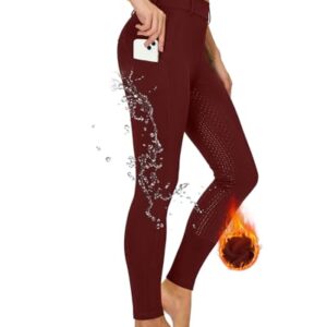 Havideto Winter Reitleggings Damen Vollbesatz Thermo Reithose Wasserdicht mit Handytasche und Gürtelschlaufen, Rot, L Größe