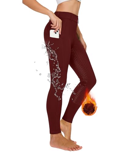 Havideto Winter Reitleggings Damen Vollbesatz Thermo Reithose Wasserdicht mit Handytasche und Gürtelschlaufen, Rot, L Größe