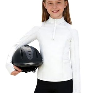 Mädchen-Reitsport-T-Shirt, weißes Reit-Shirt mit langen Ärmeln und Stehkragen für Jungen und Mädchen, perfekt für Reiten, Radfahren und als Alltagsoutfit