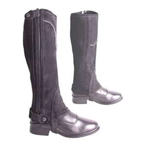 Schwarze Halbchaps aus echtem Wildleder für Reiter, 3XL Größe, Unisex-Design mit Riemenverschluss und Stretcheinsätzen auf der Innenseite des Beins