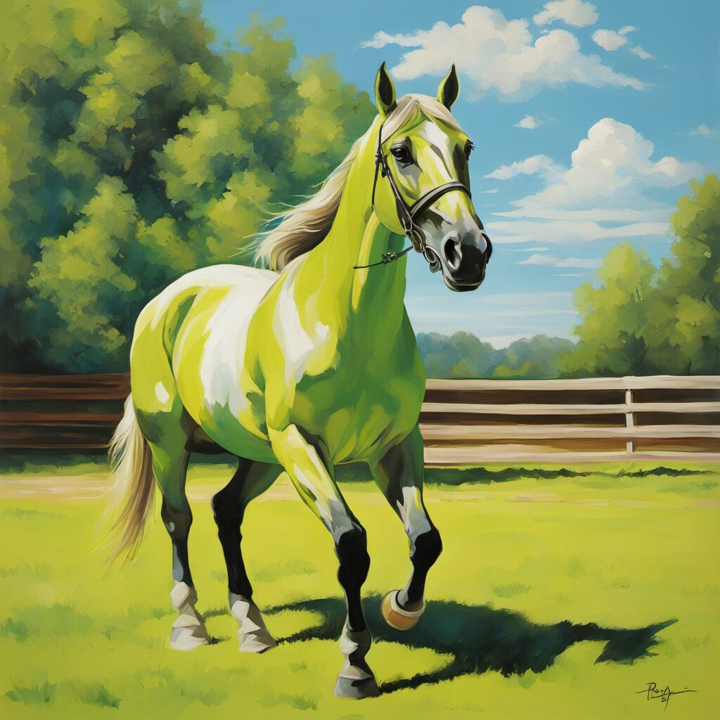 Pferd mit Fliegenschutz in einer wunderschönen Landschaft unter blauen Himmel