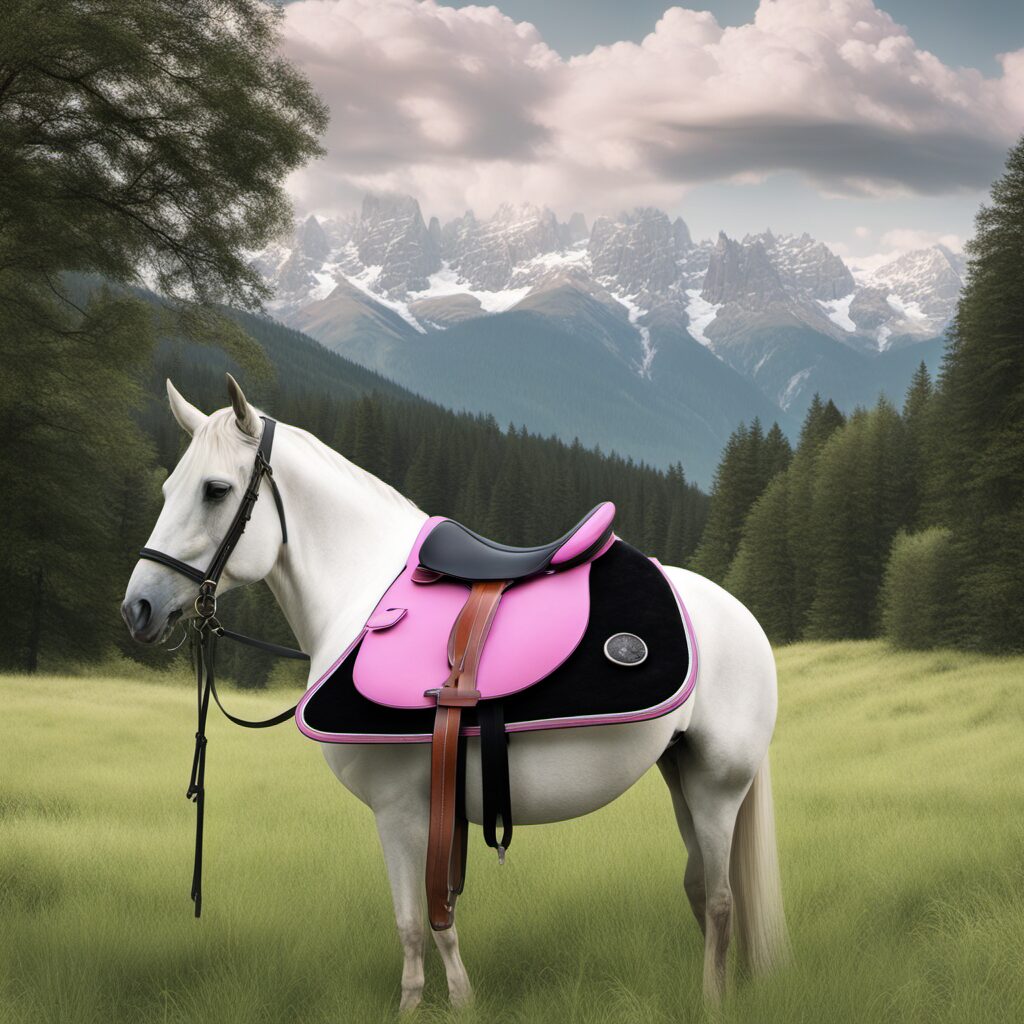 Hochwertiger Ponysattel mit rosafarbenem Sattelgurt und schwarz-weißer Schabracke