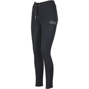 Schwarze Reitleggings für Damen mit Vollbesatz aus Silikon, zwei seitlichen Handytaschen und Weitenregulierung. Modische und bequeme Reitlegginngs in Größe 42.