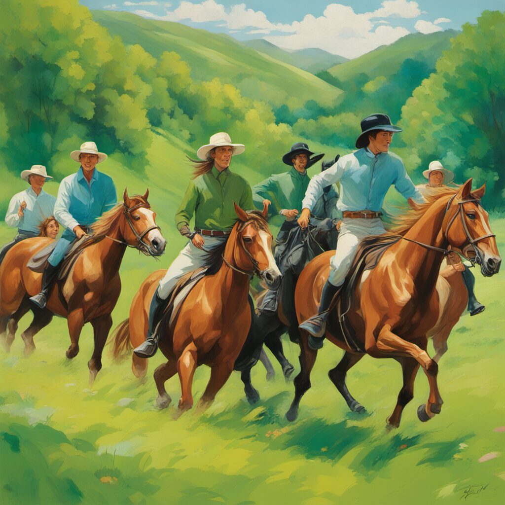 Reiter und Pferde in einem grünen Feld gemeinsam reitend, mit einer Figur im Vordergrund, die Chaps trägt.