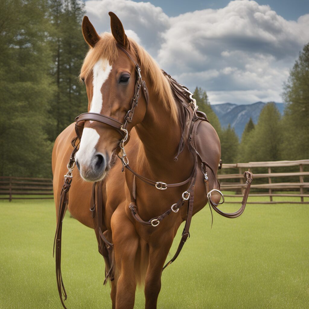 Ein Pferd mit Hackamore in einem natürlichen Umfeld, perfekt für Pferdeliebende als Geschenk