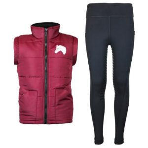 Kinder-Reitset mit Reitweste in Maroon und schwarzen Reitleggingen für Kinder im Alter von 122 bis 128 cm