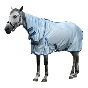 Blauer Fliegenanzug für Pferde, atmungsaktiv und mit abnehmbarem Halsteil, ideal für warme Sommertage und Weidegang