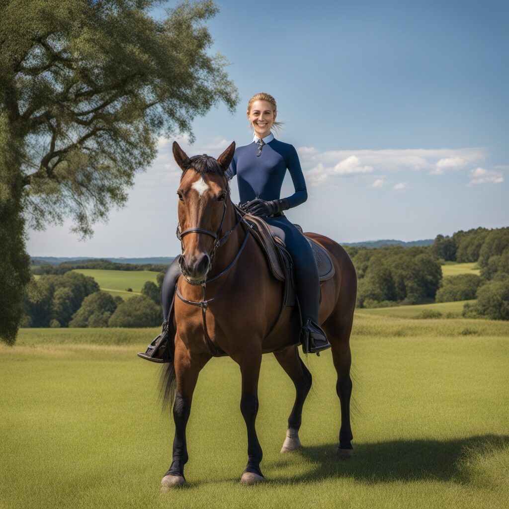 Reiter auf einem Pferd mit dunkelblauer Reithose und silbernen Reitgurt, im Hintergrund Wiesen, Bäume und blauer Himmel
